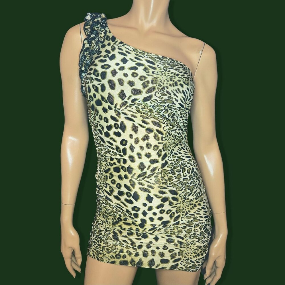 Y2K Leopard Print Mini Dress Size S One Shoulder Khaki Green Glitter Mcbling